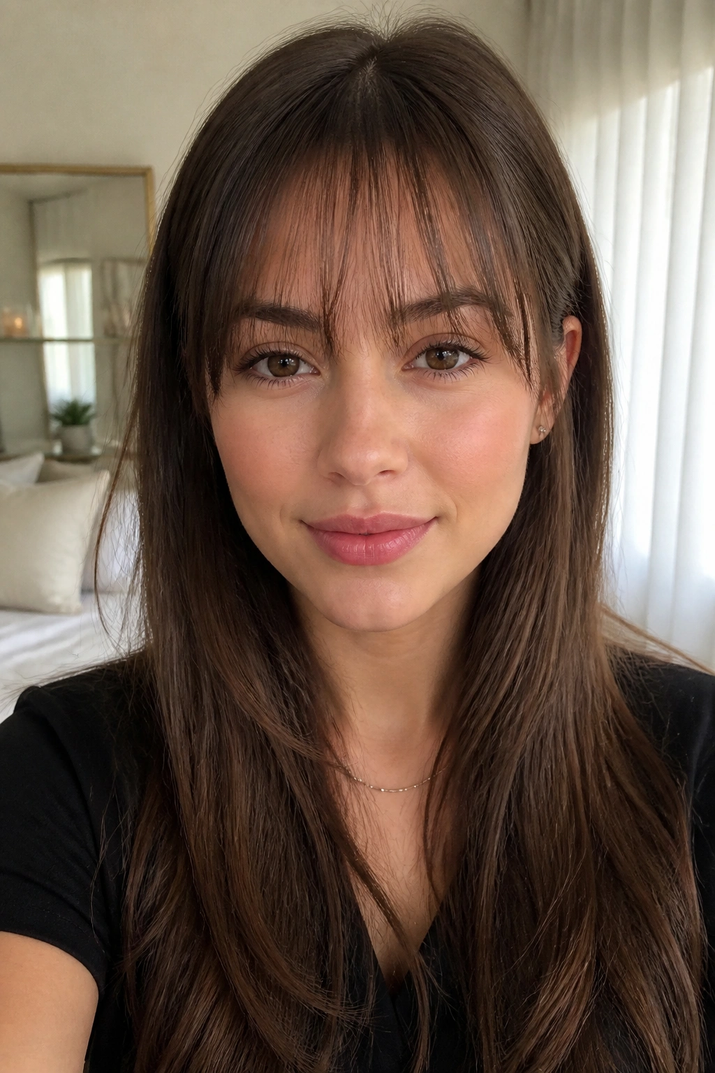 Close-up portrait of a real woman with wispy fringe on straight hair in bright morning light.
