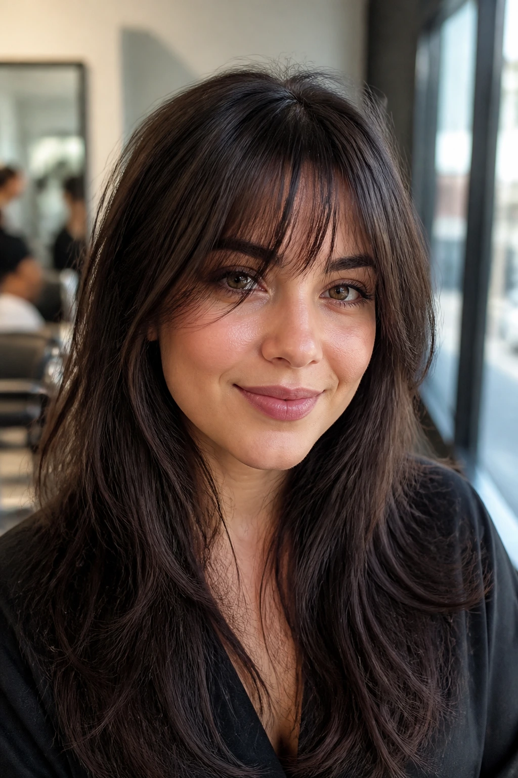Close-up of real woman with wispy fringe on thick hair in soft salon light