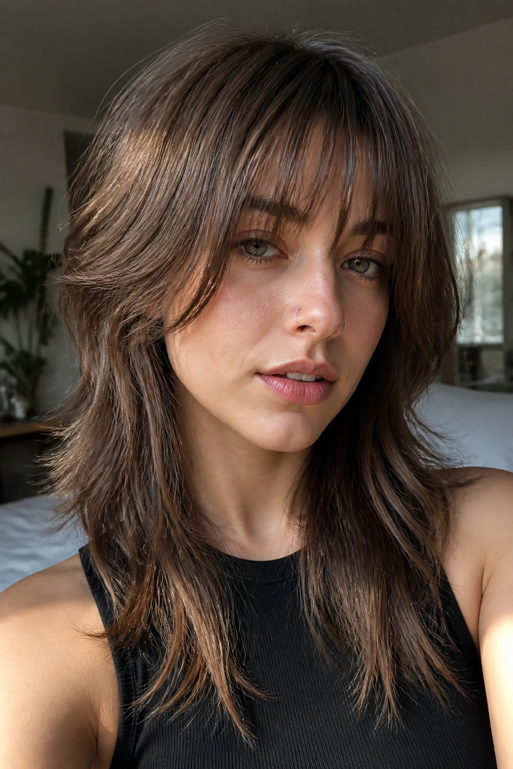 Close-up of a real person with wispy fringe wolf cut.