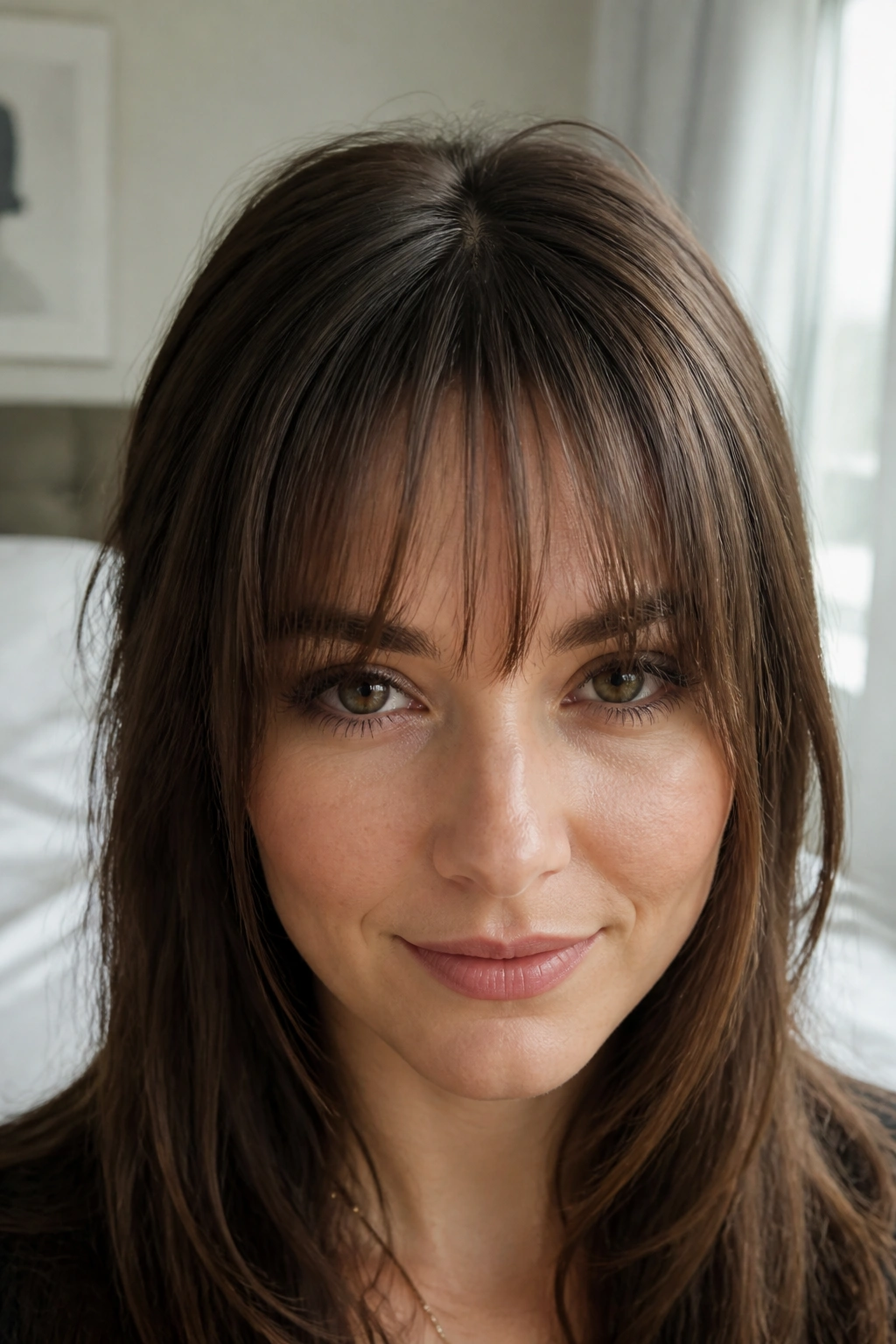 Close-up portrait of a woman with wispy inverted bangs on fine hair