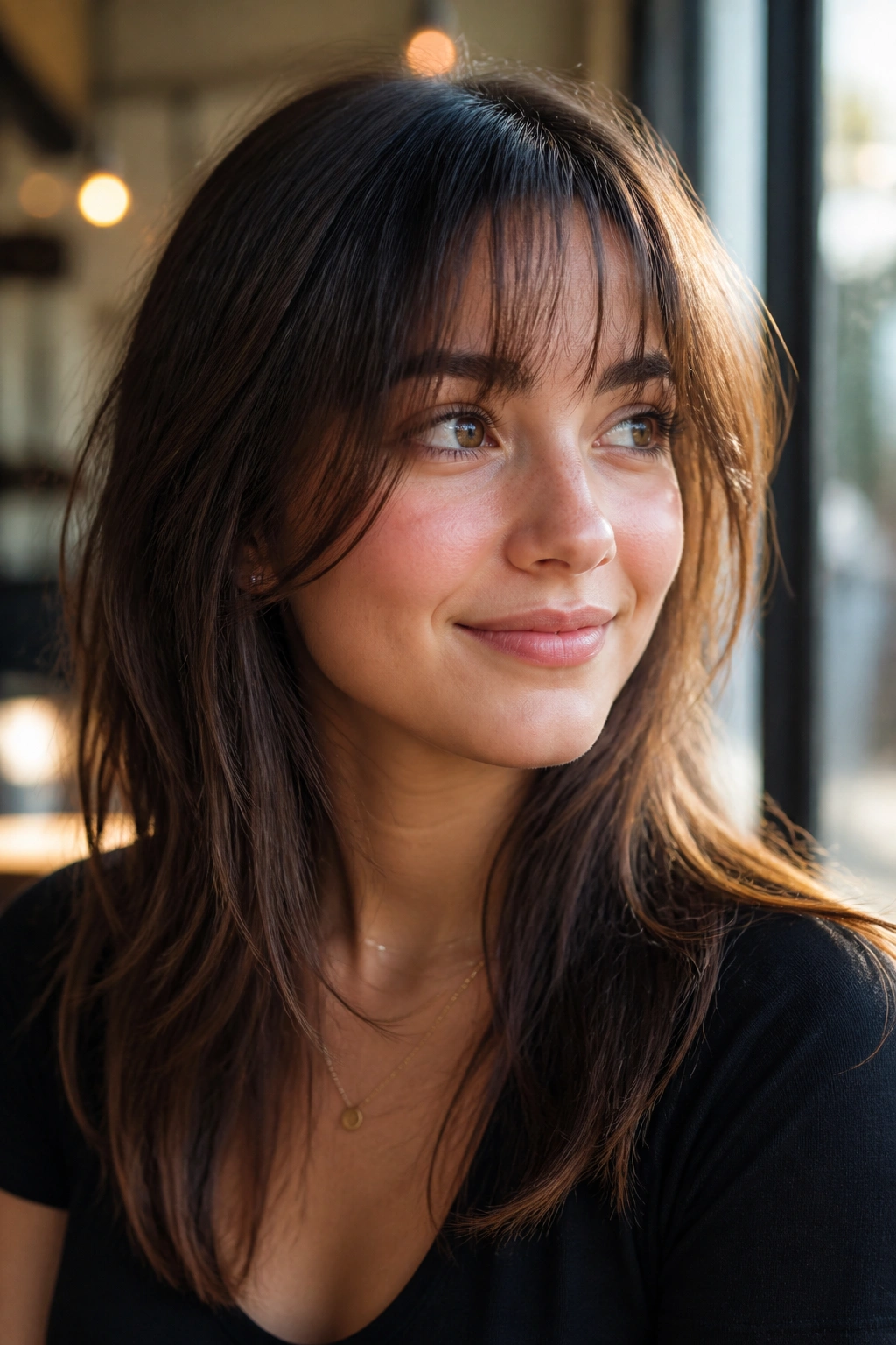 Portrait of wispy layered bangs with internal texture on a real person.