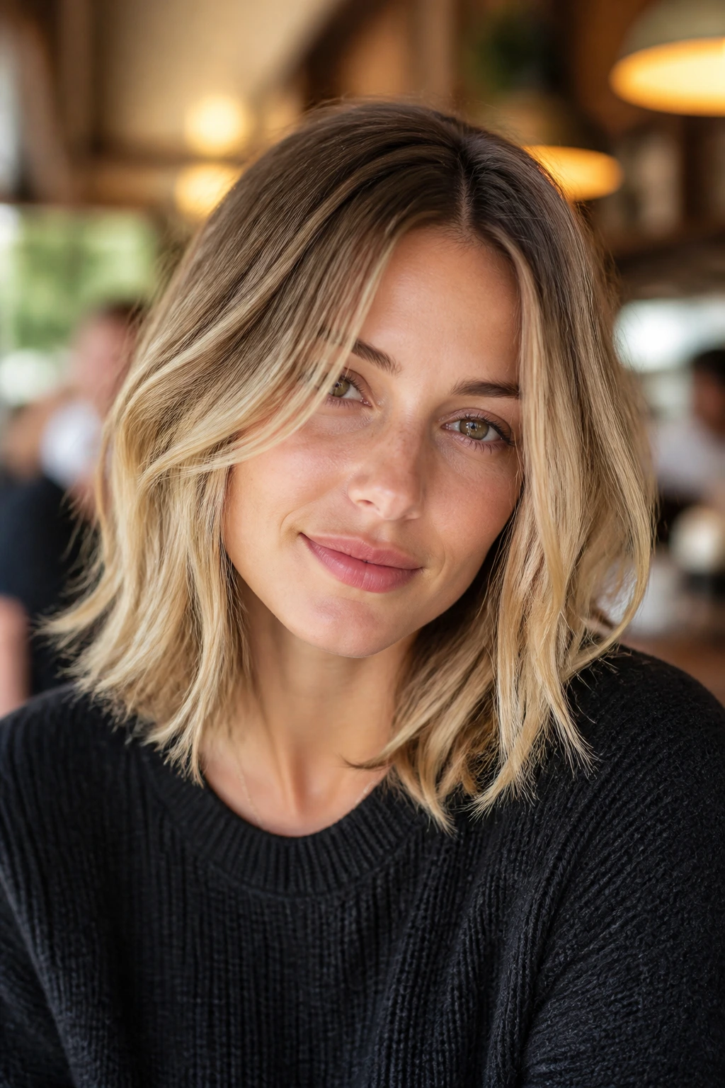 Portrait of a real person with wispy layered lob, soft layers around face