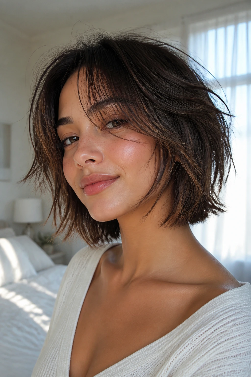Real person with wispy layered lob hairstyle