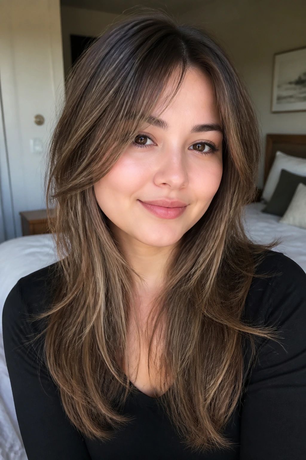 Close-up portrait of a real woman with wispy layers on fine hair, soft natural light