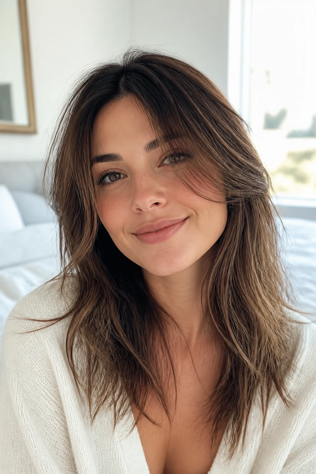 Portrait of a real person with wispy layers around the face