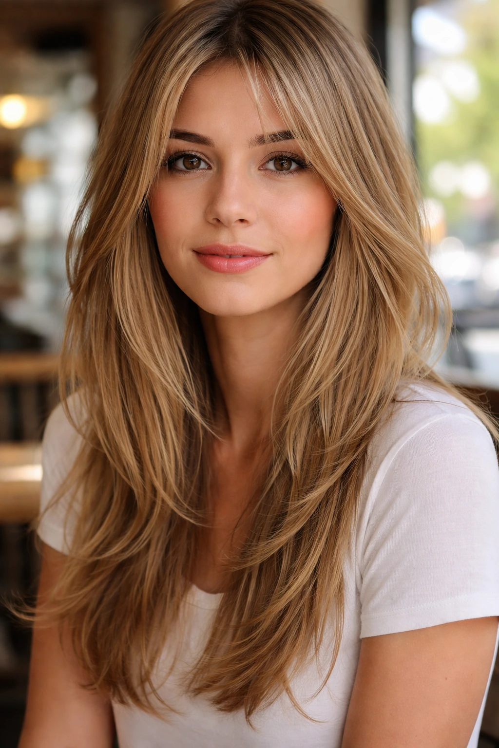 Close up of a real woman's wispy layered hairstyle