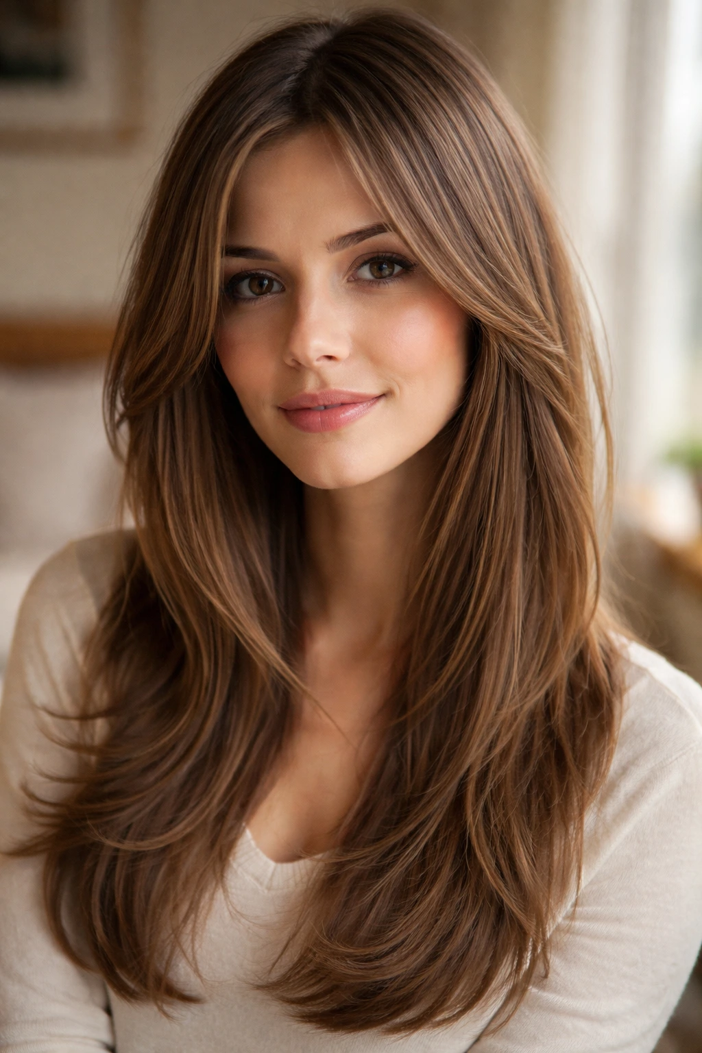 Close-up of a real woman with wispy layered hair