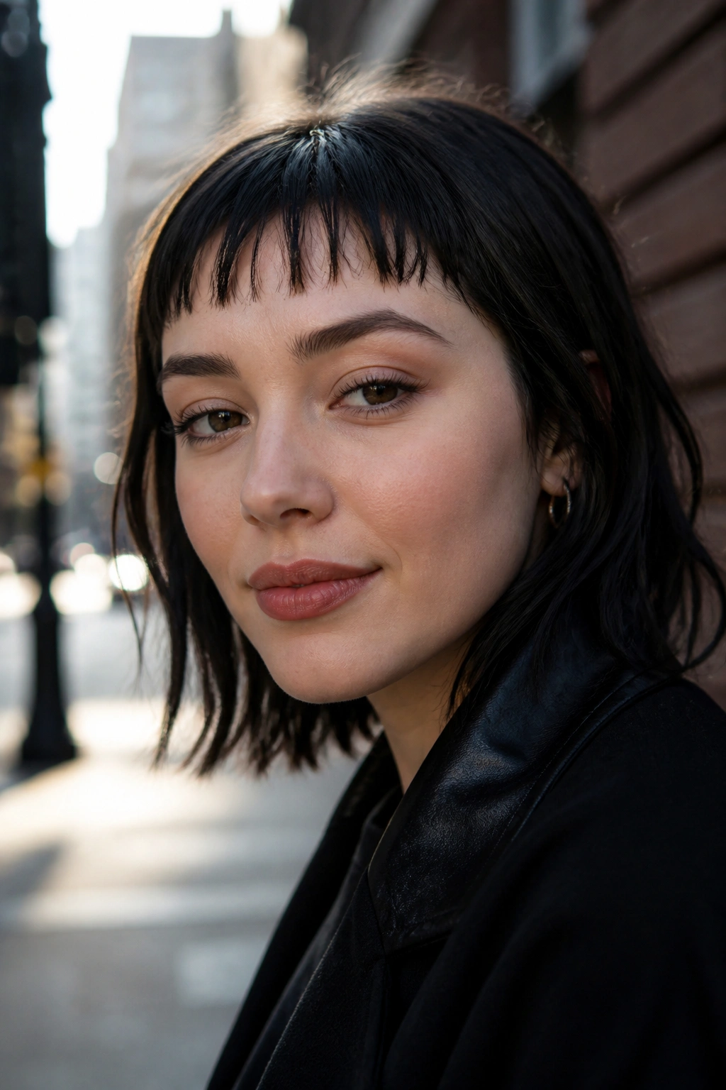 Close-up portrait of a real woman with wispy micro bangs above the brow.