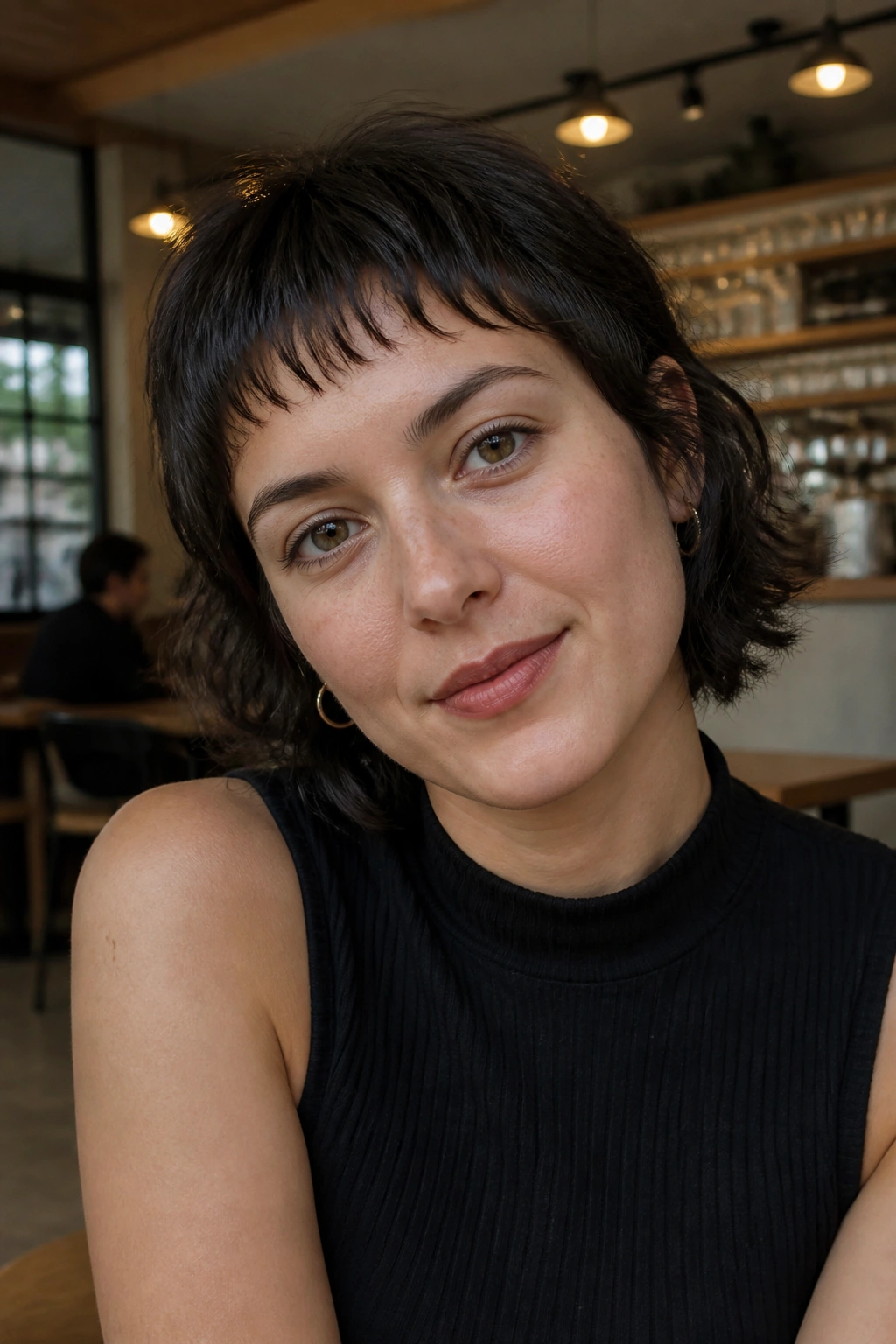 Close-up of a real woman with wispy micro-choppy fringe above the brows in a cafe setting