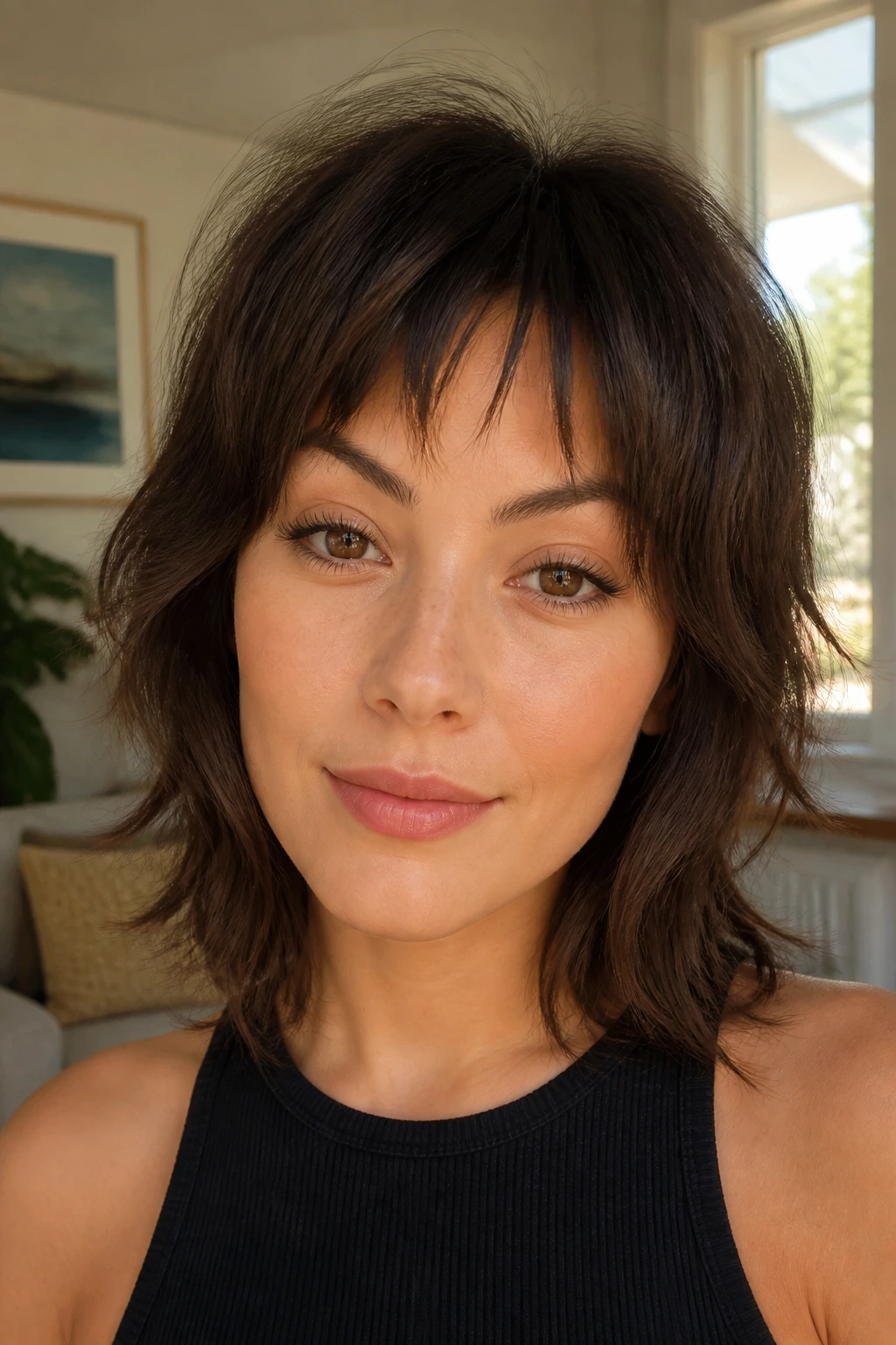 Portrait of a real woman with a wispy micro fringe shag.