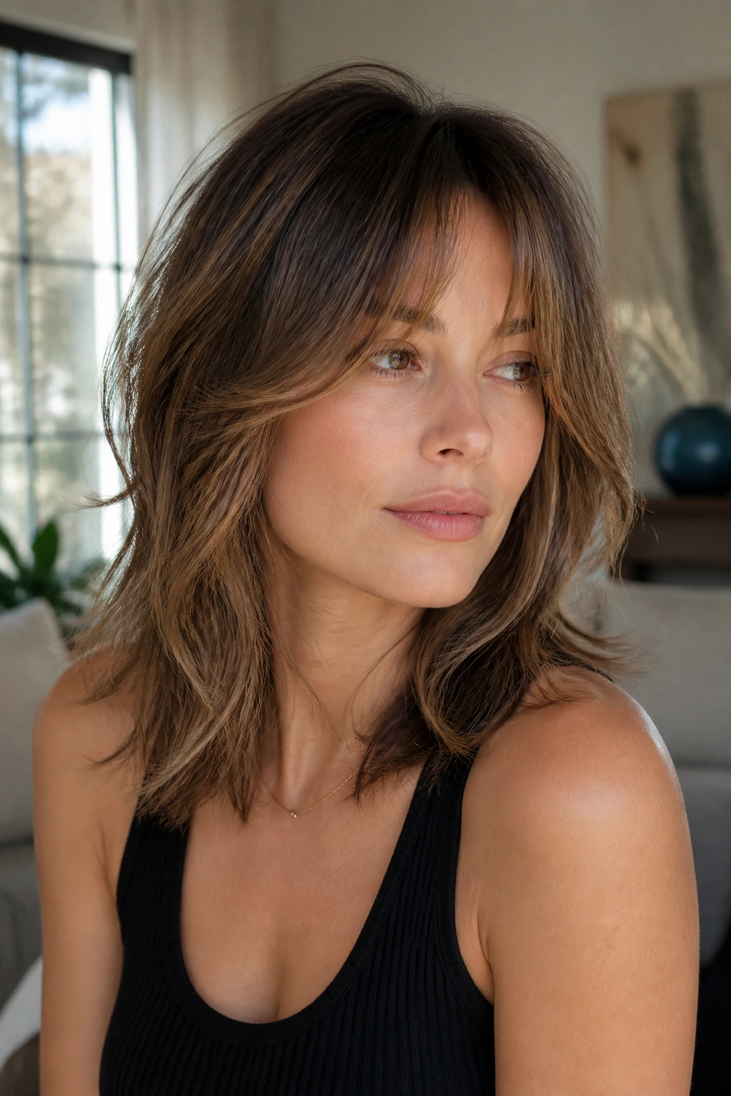 Close-up portrait of a real woman with wispy midi cut and curtain fringe in natural light