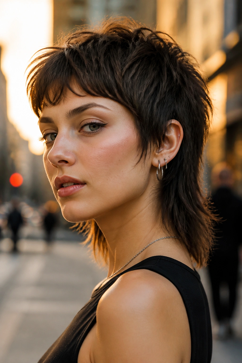 Real person with a wispy mullet-inspired cut, short top and longer back.