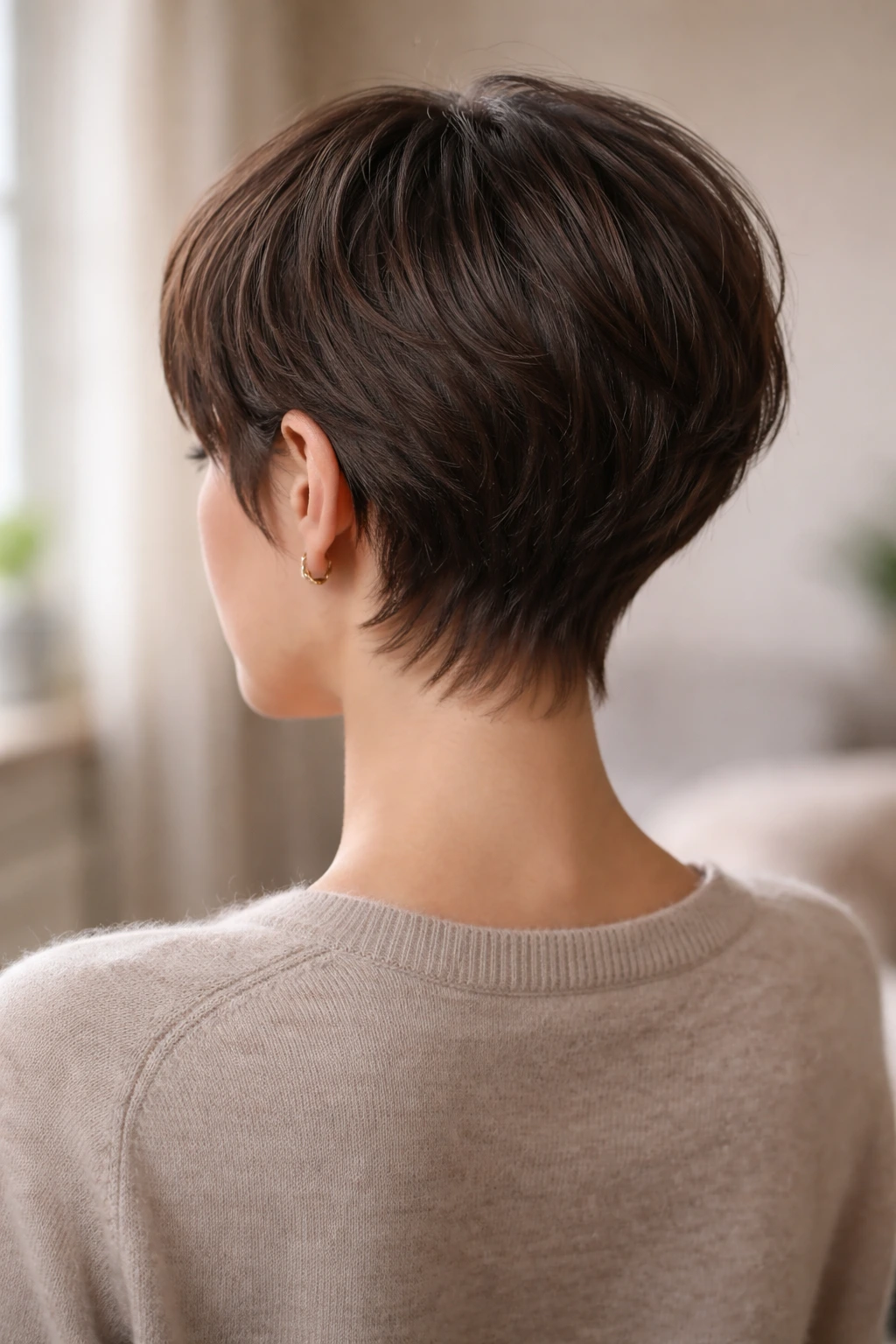 Rear view of brunette with wispy nape cut showing soft taper at the neck
