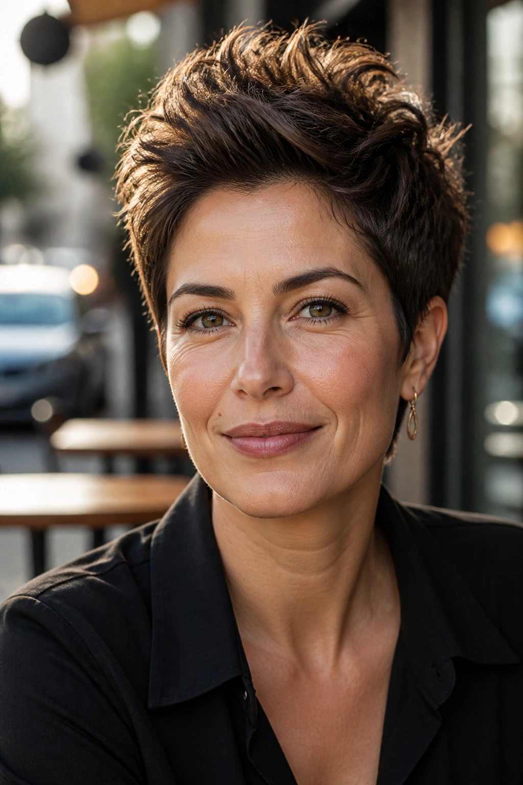 Close-up of wispy pixie with height on top in brown hair