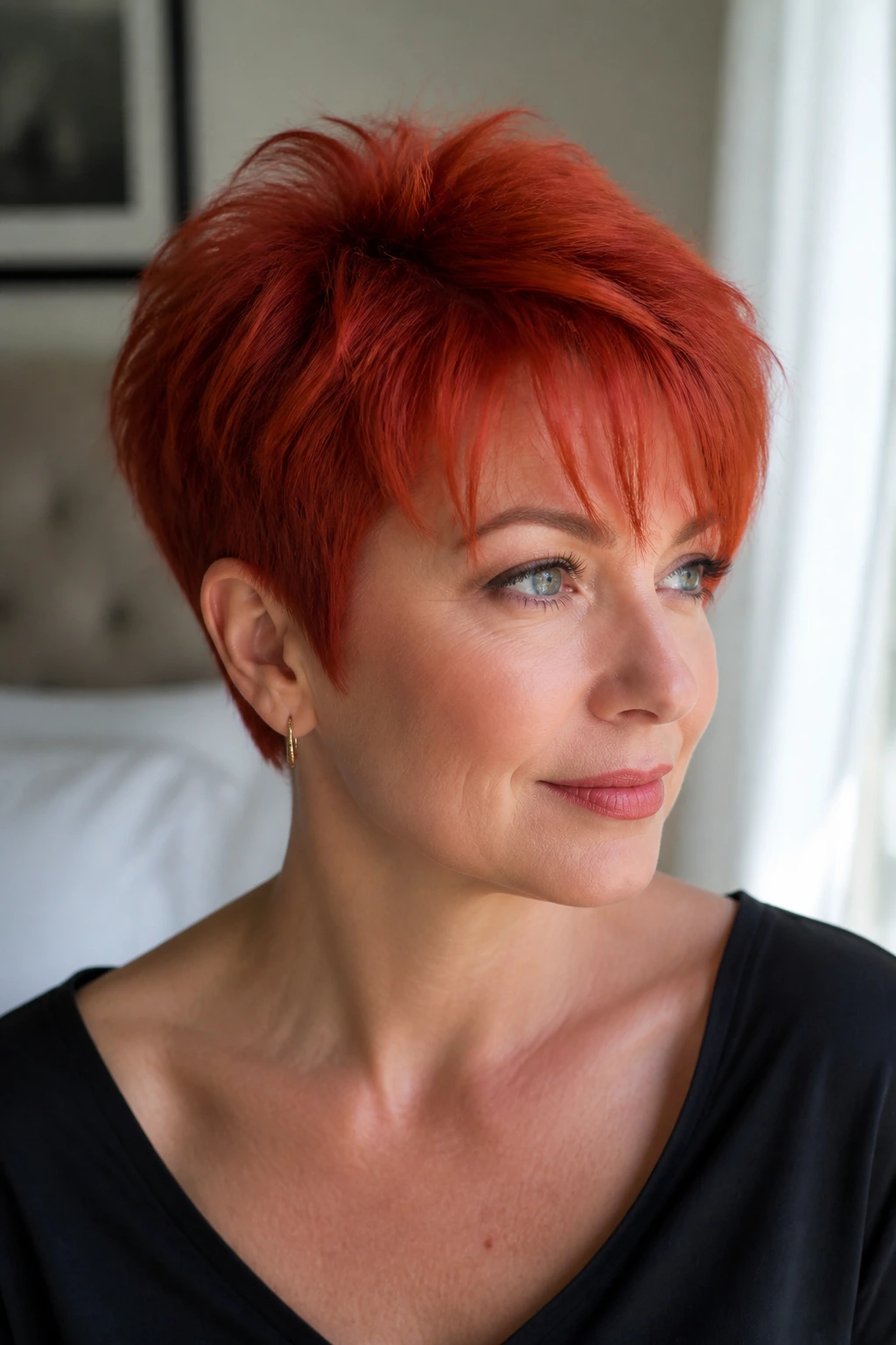 Close-up of a real woman with a wispy-bang pixie and crown lift in bright red