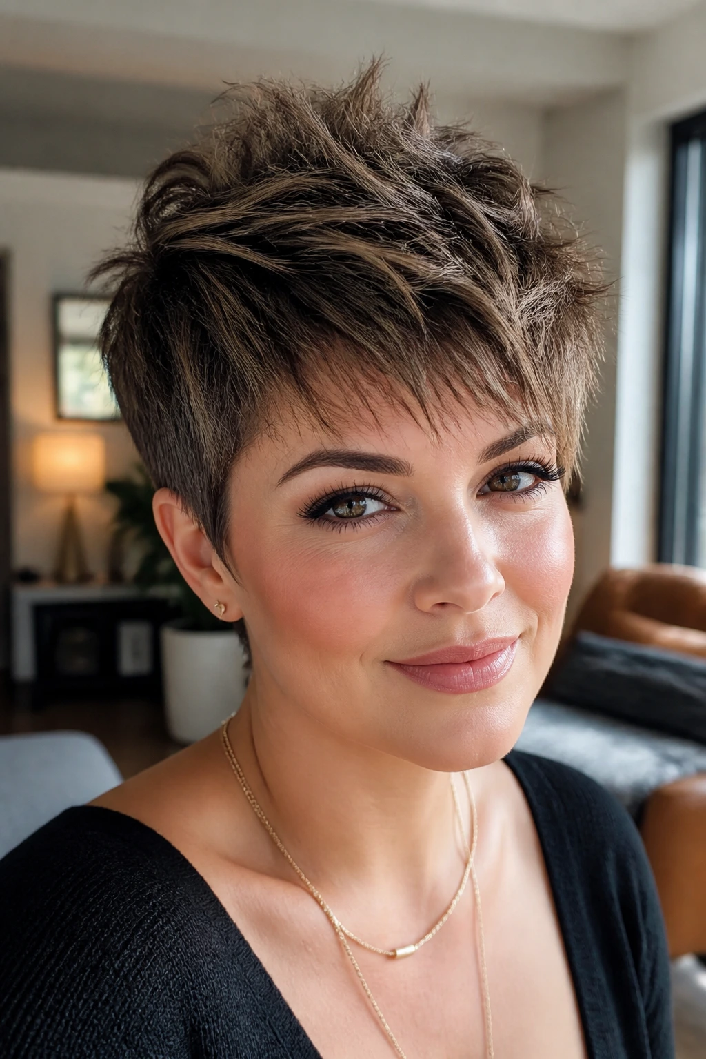 Portrait of a real woman with a wispy pixie cut featuring height on top.