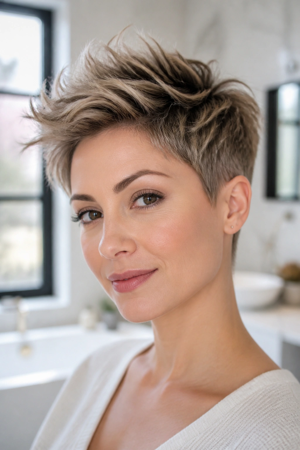 Portrait of a real person with a wispy pixie and height on top in natural light.
