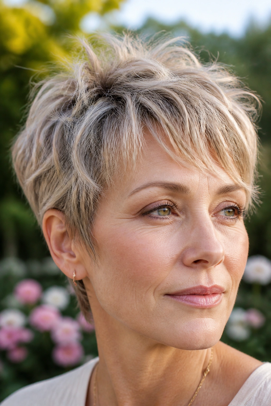 Close-up of a real woman with wispy pixie shag