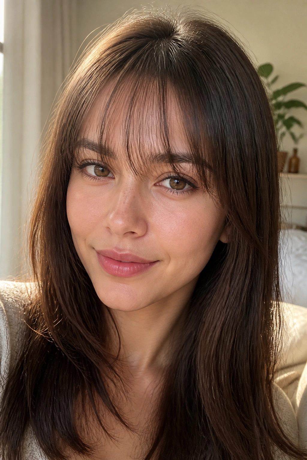 Close-up of a real woman with wispy see-through bangs in soft morning light