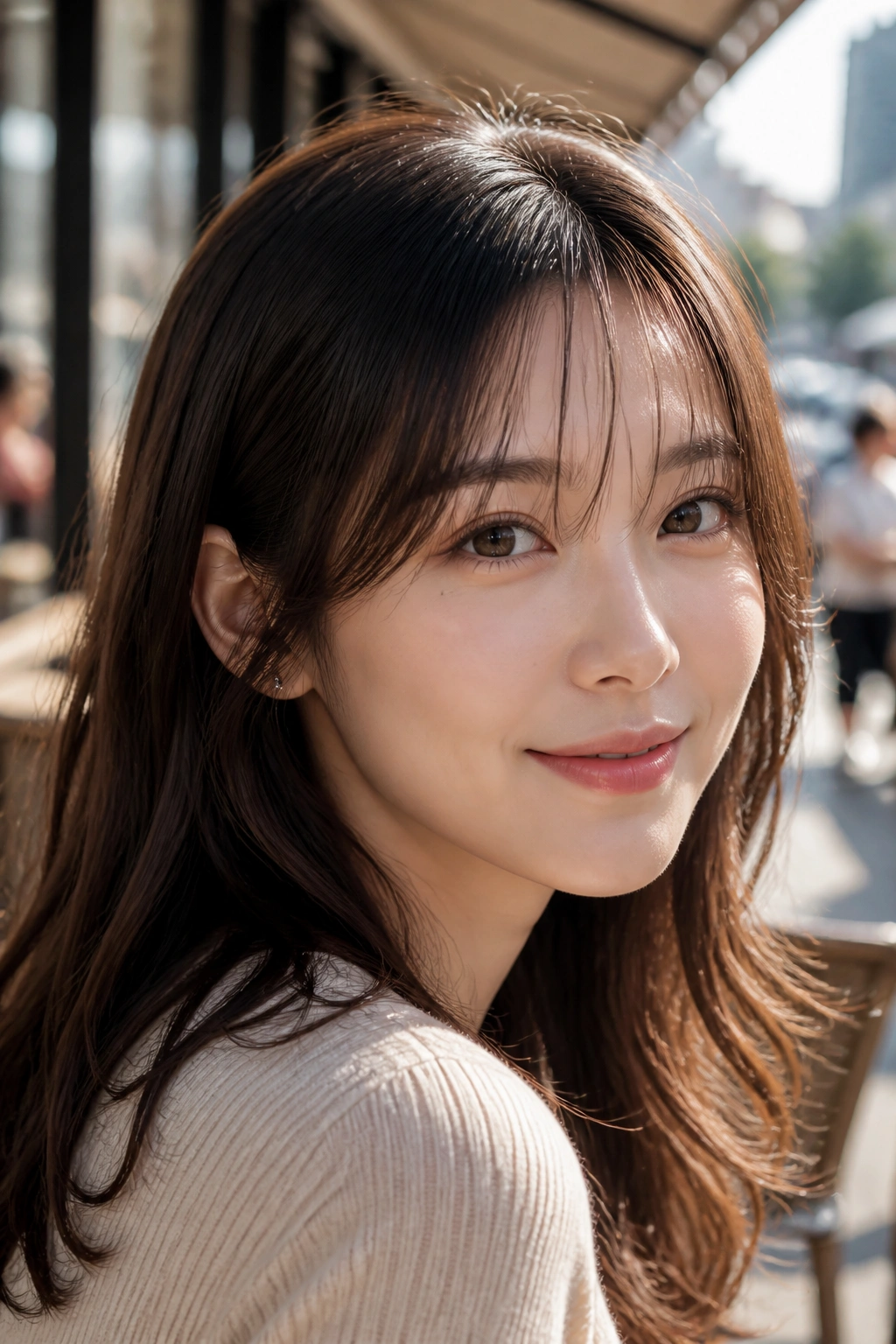 Real woman with wispy see-through half bangs, sunlit cafe setting