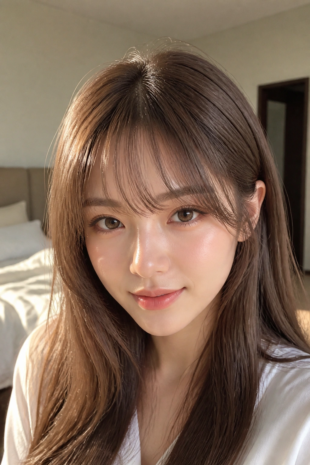 Real woman with wispy see-through bangs in warm brown, soft light