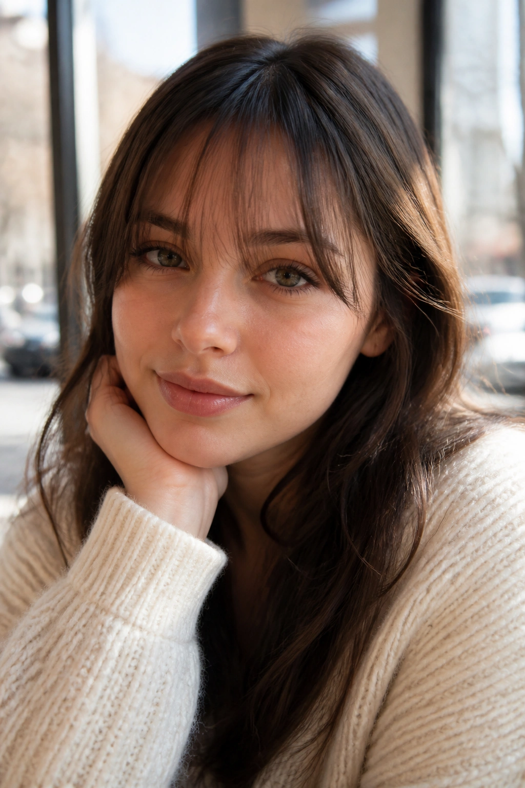 Portrait of brunette with wispy see-through bangs by a window