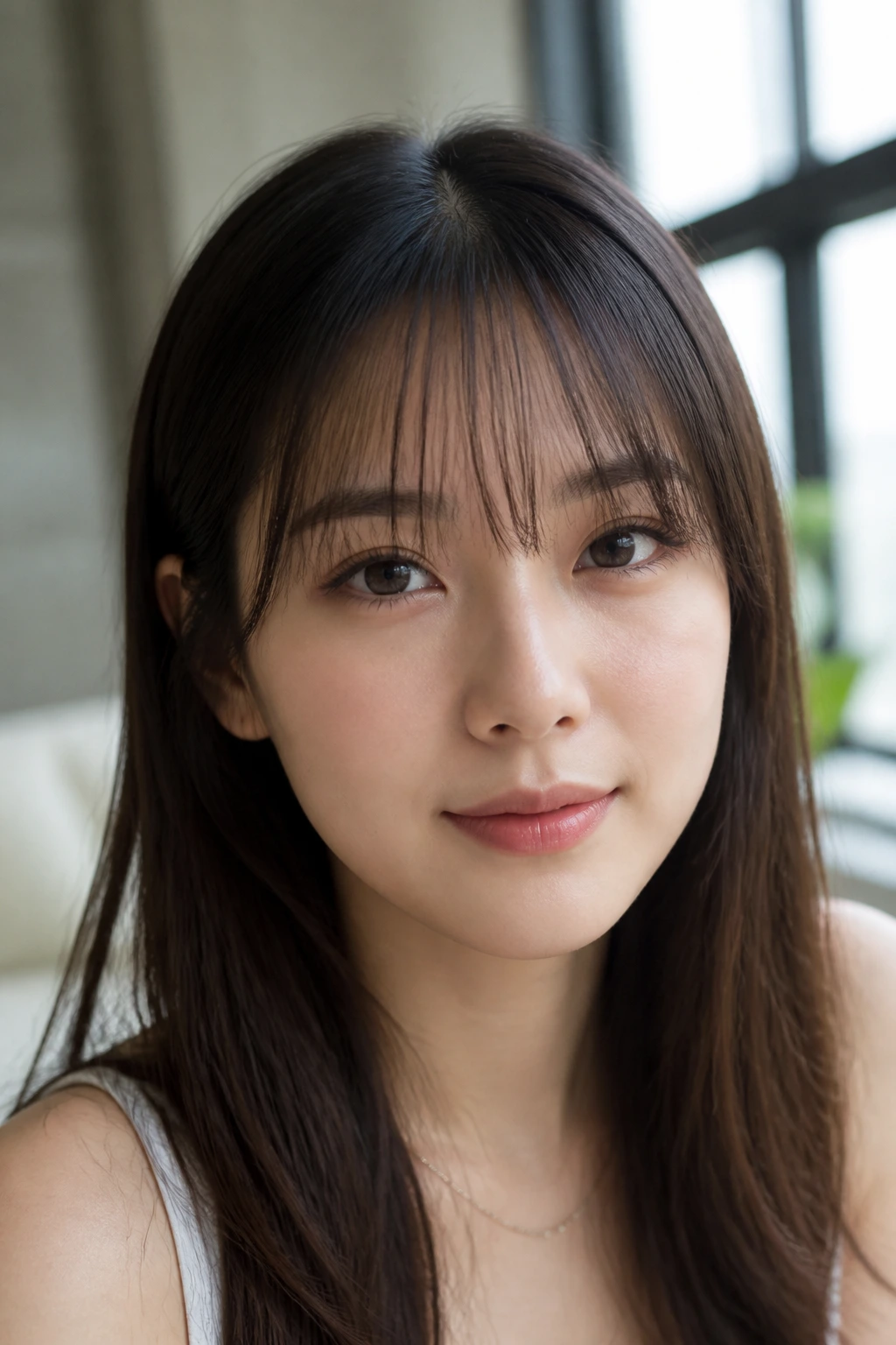 Close-up of a real woman with wispy see-through bangs in bright window light.