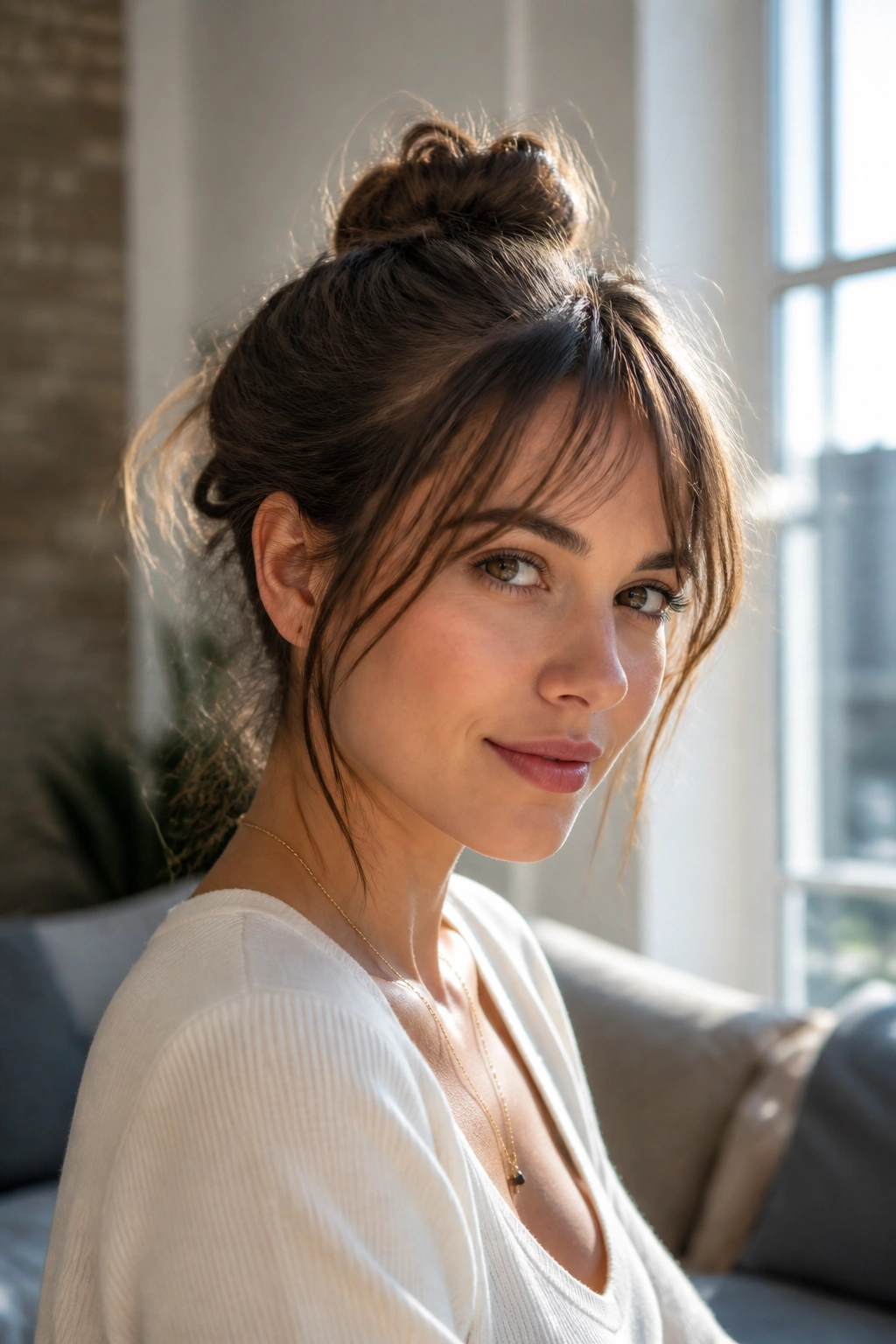 Close-up portrait of a real woman with wispy side bangs