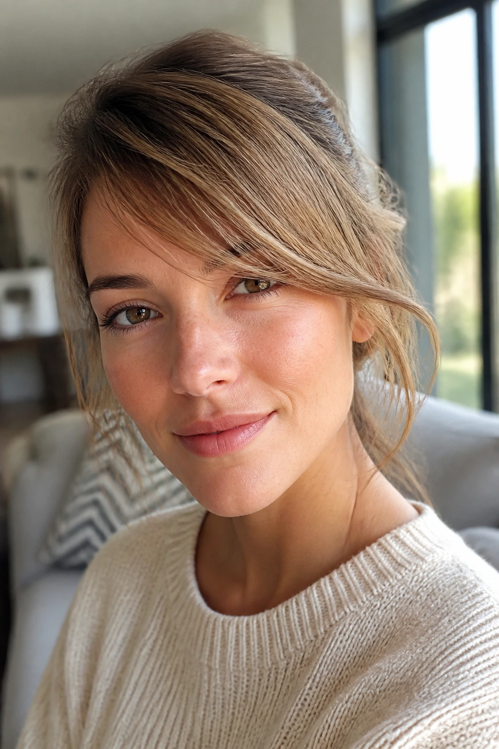 Real woman with wispy side bangs in a sunlit living room