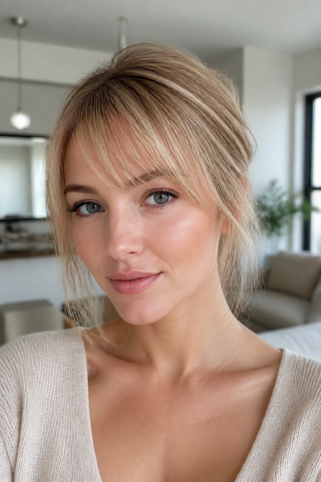 Close-up portrait of a real woman with wispy side bangs for fine hair in natural window light