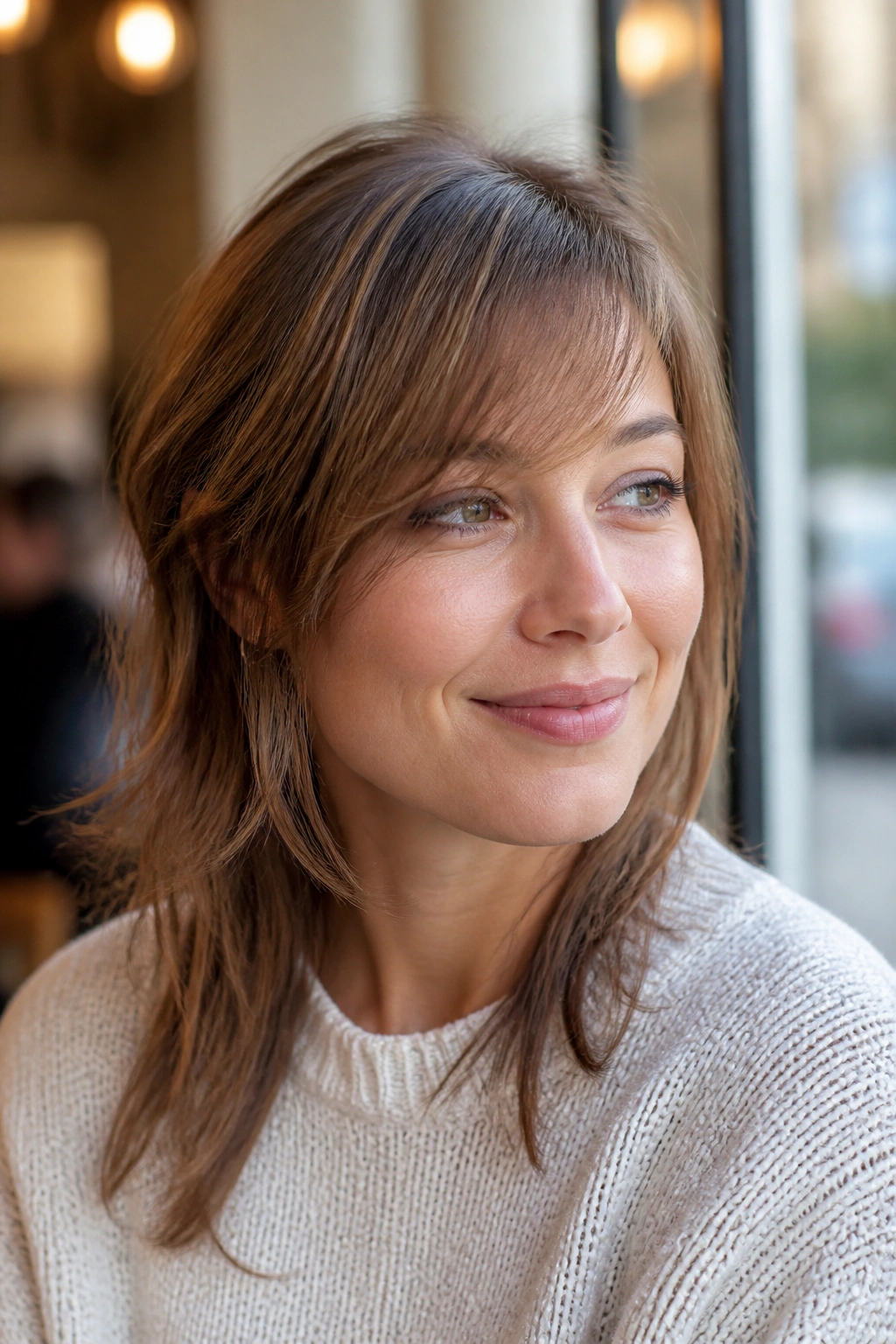 Close-up of a real woman with wispy side bangs and airy texture in daylight