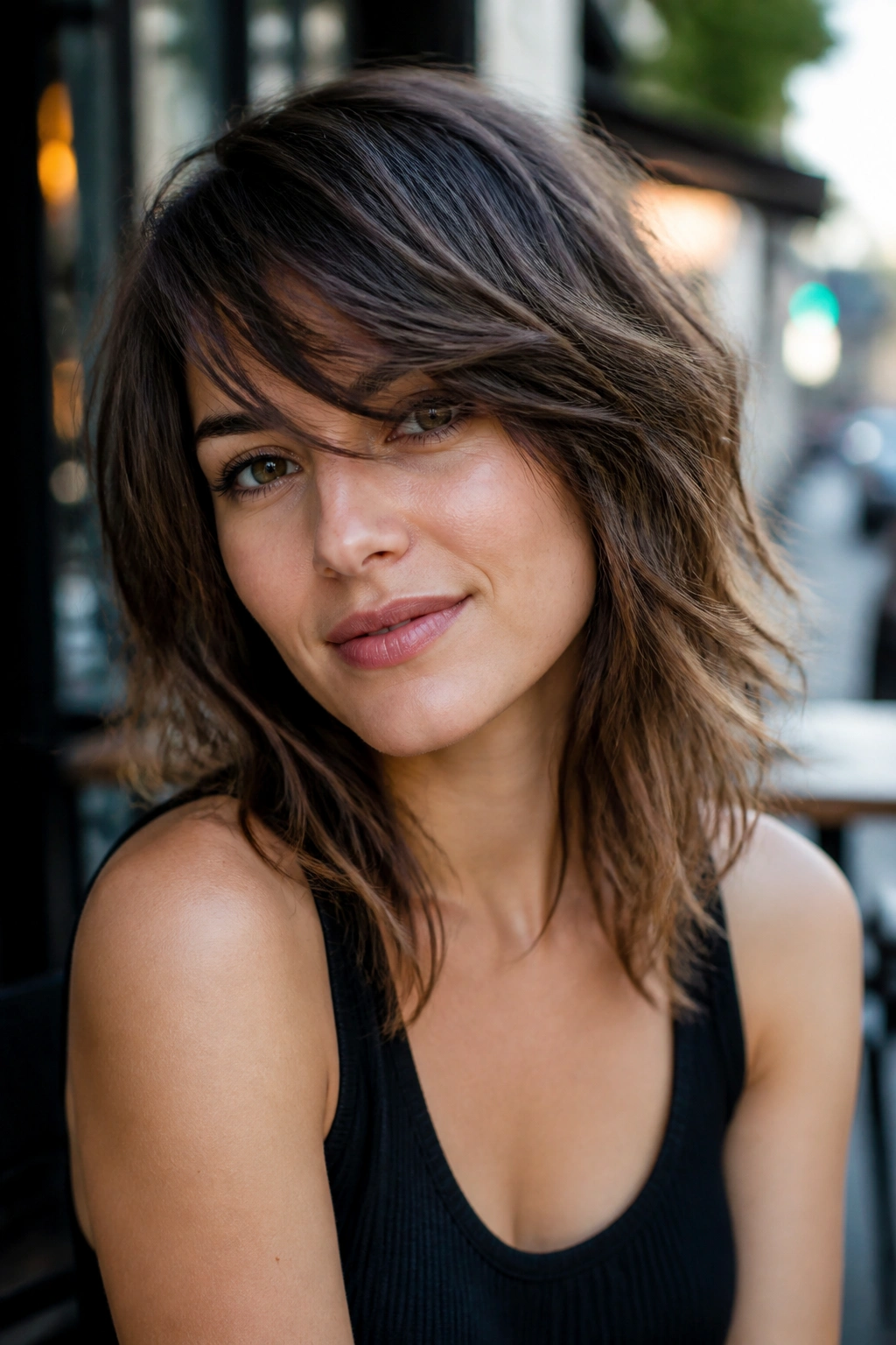 Real woman with side-swept wispy bangs and loose shag layers on an urban street