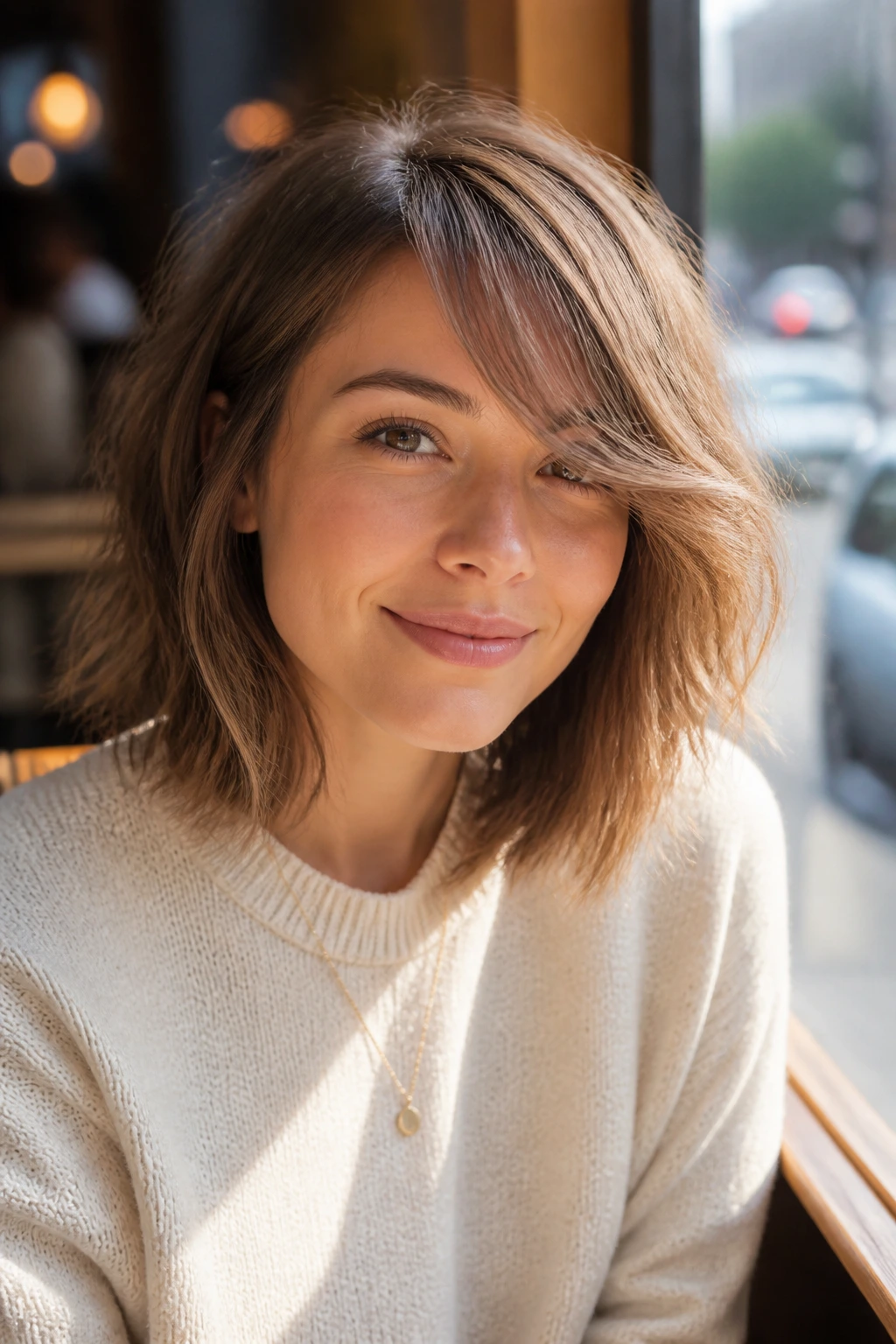 Close-up of a real woman with Wispy Side-Bang Lob and diagonal side bangs