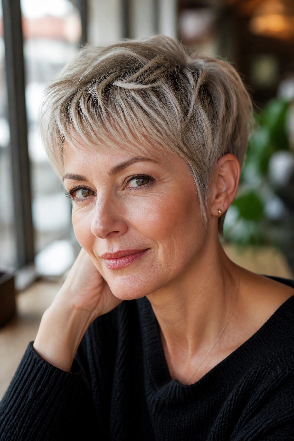 Close-up of real woman with wispy sideburns feathered pixie in daylight.