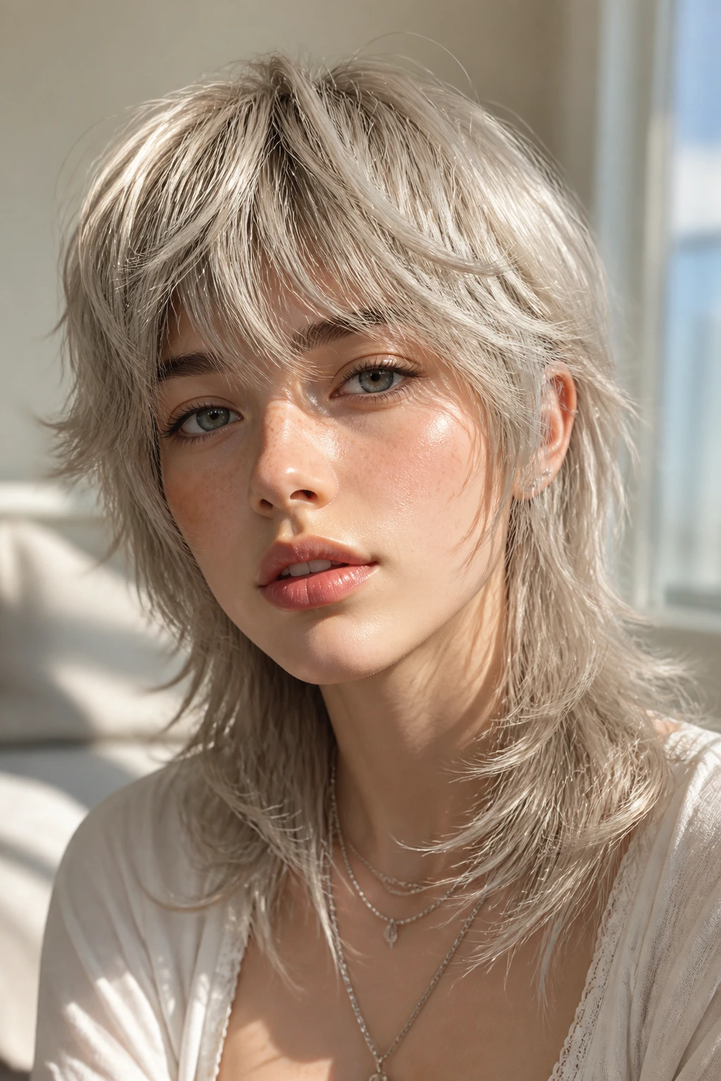Close-up portrait of a real person with wispy elvish shag mullet and airy layers