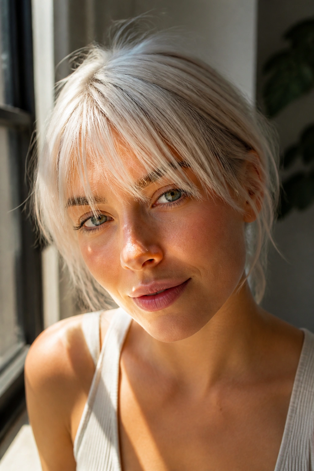 Close-up of a person wearing a wispy see-through white fringe.