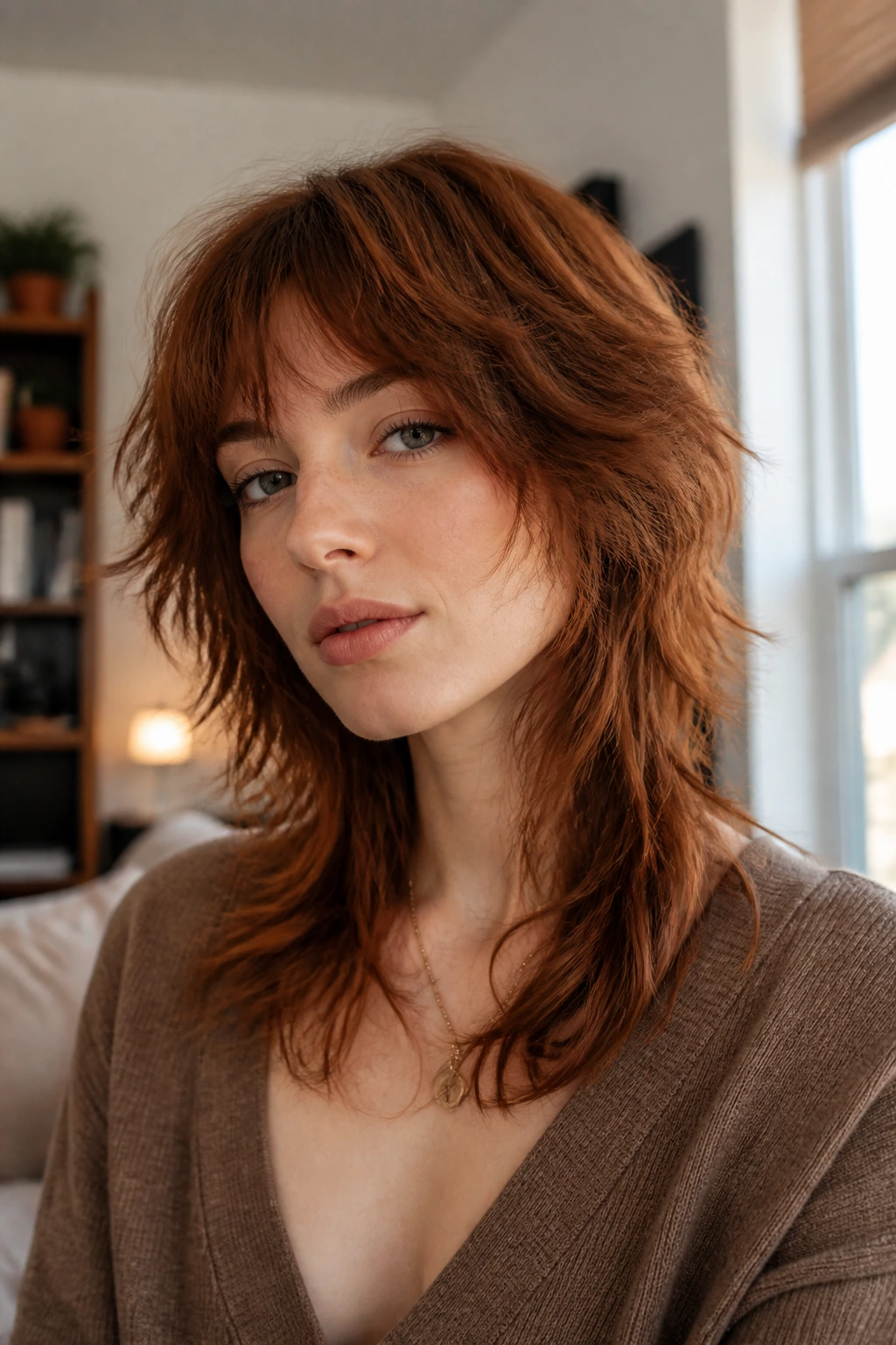 Close-up portrait of a real woman with an auburn wispy wolf-shag hybrid hairstyle featuring cheekbone-length top layers