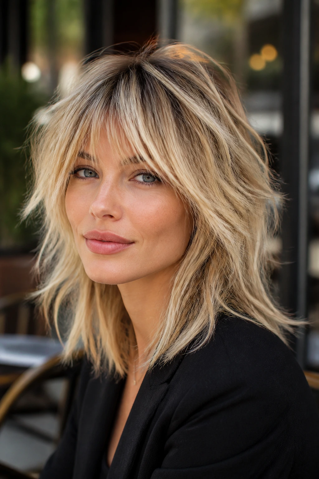 Close-up of a real woman with wispy wolf blonde shag in an outdoor setting