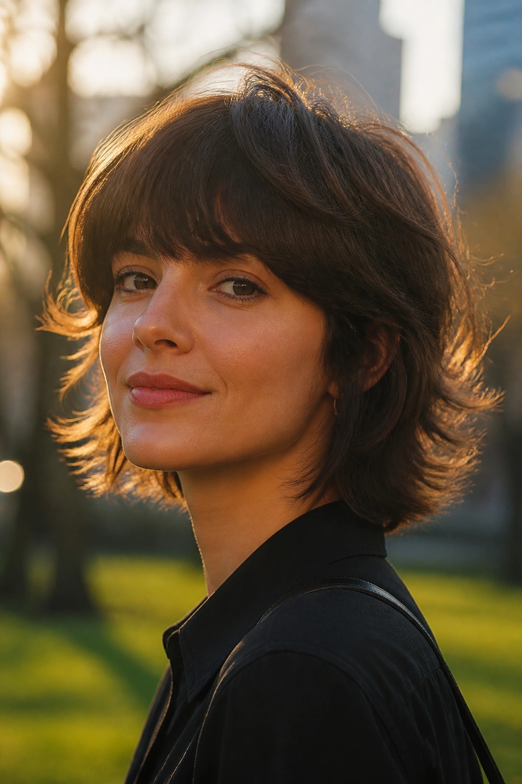 Real woman with a wolf bob showing controlled movement in golden hour light