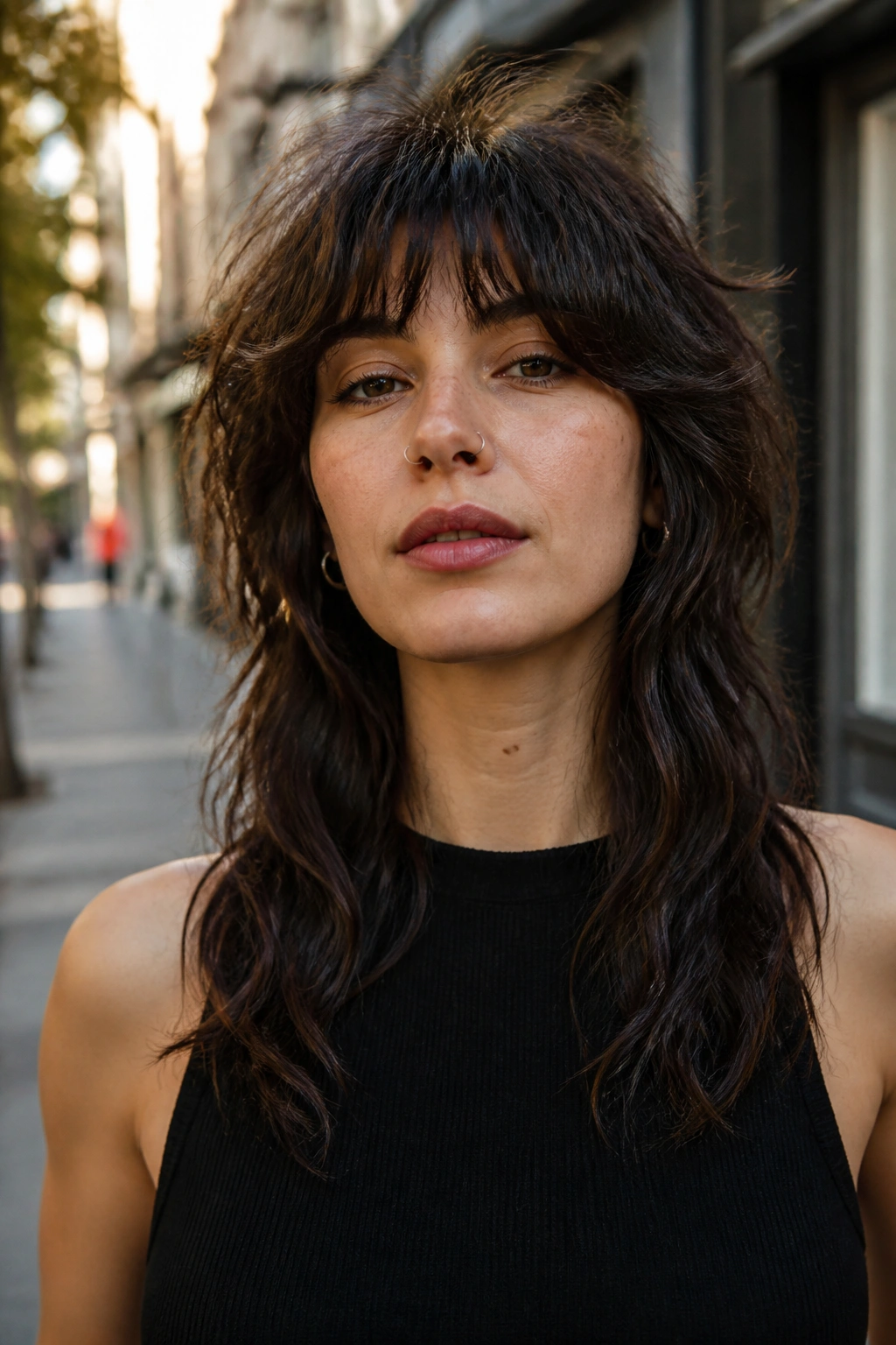 Close-up portrait of a real person with a wolf cut and airy crown volume