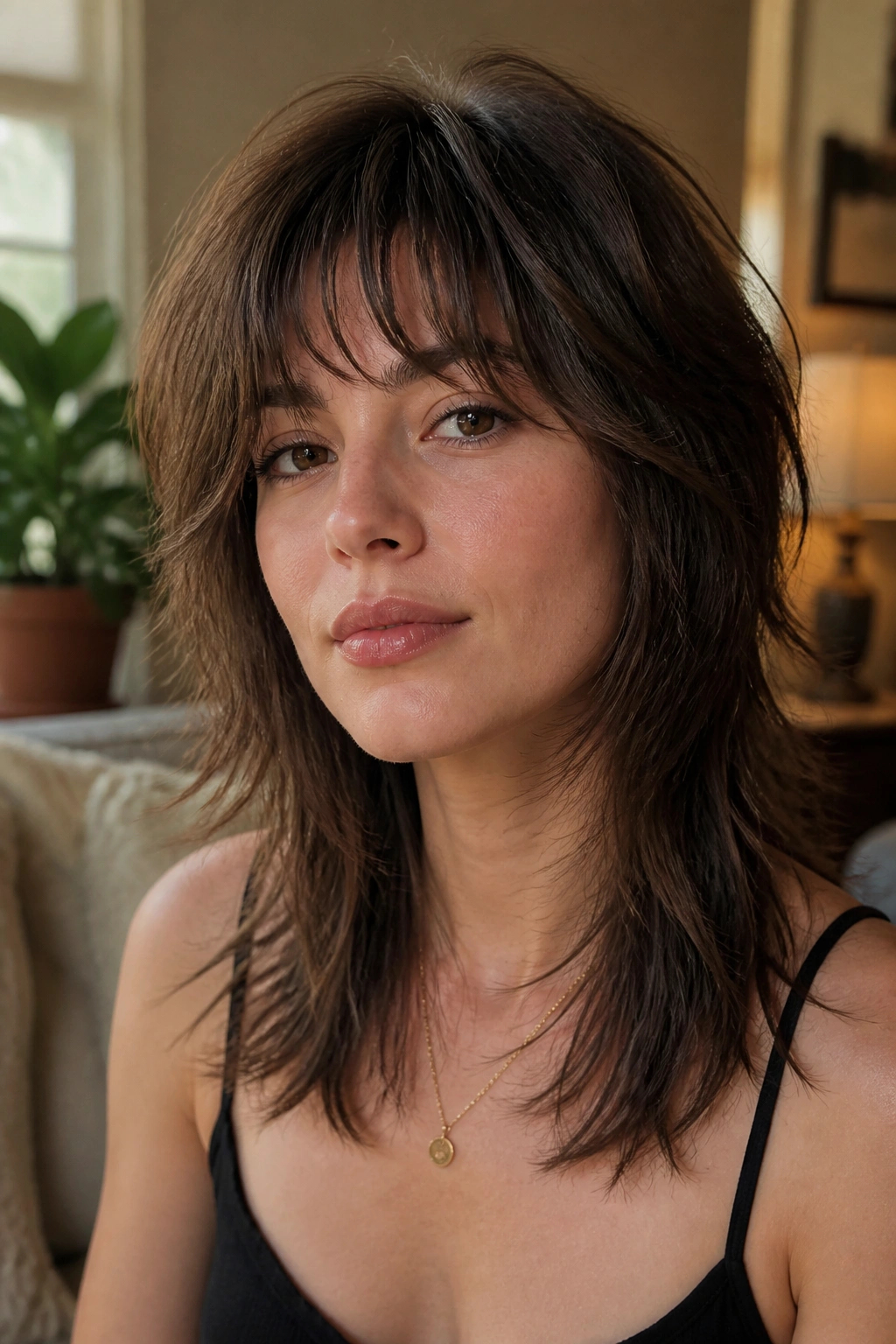 Close-up portrait of a woman with a wolf cut and airy ends, lit by natural window light