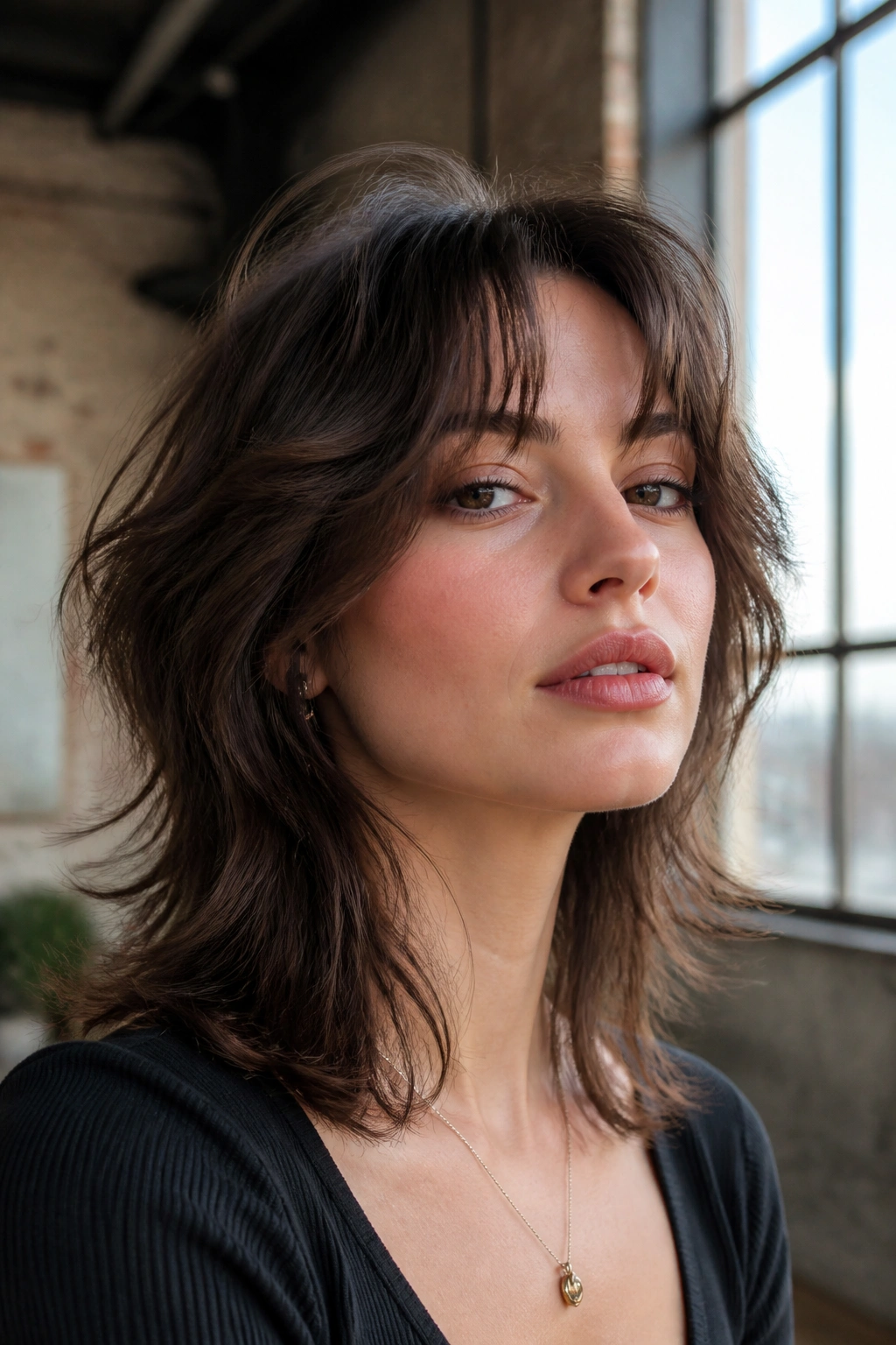 Close-up of a real woman with a wolf cut and airy layers