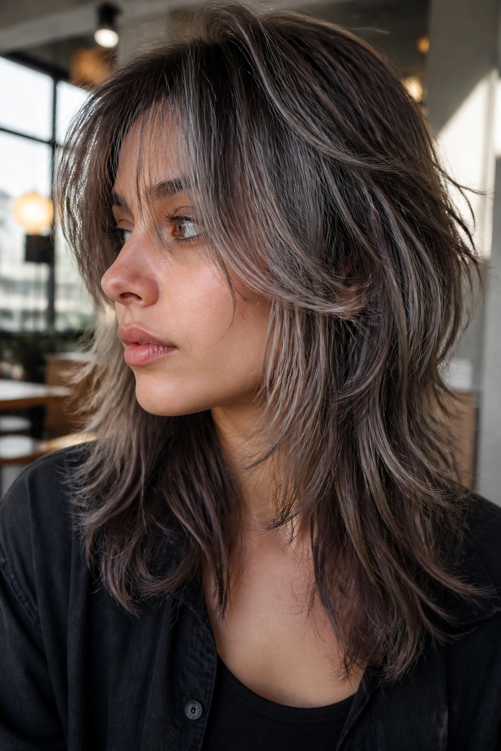 Portrait of a real woman with a wolf cut and cool smoke balayage.
