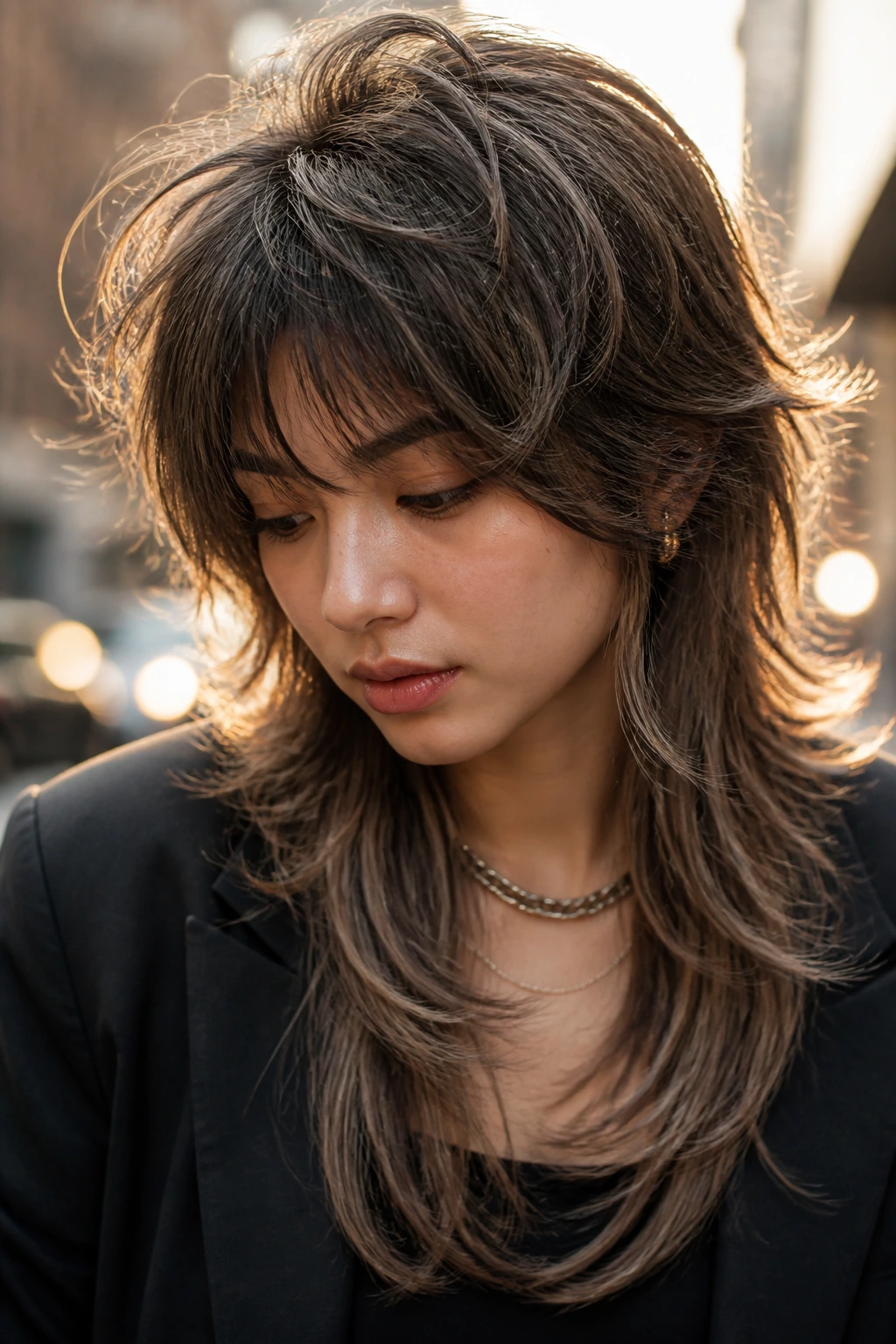 Close-up of a real person with a wolf cut and ash-brown texture