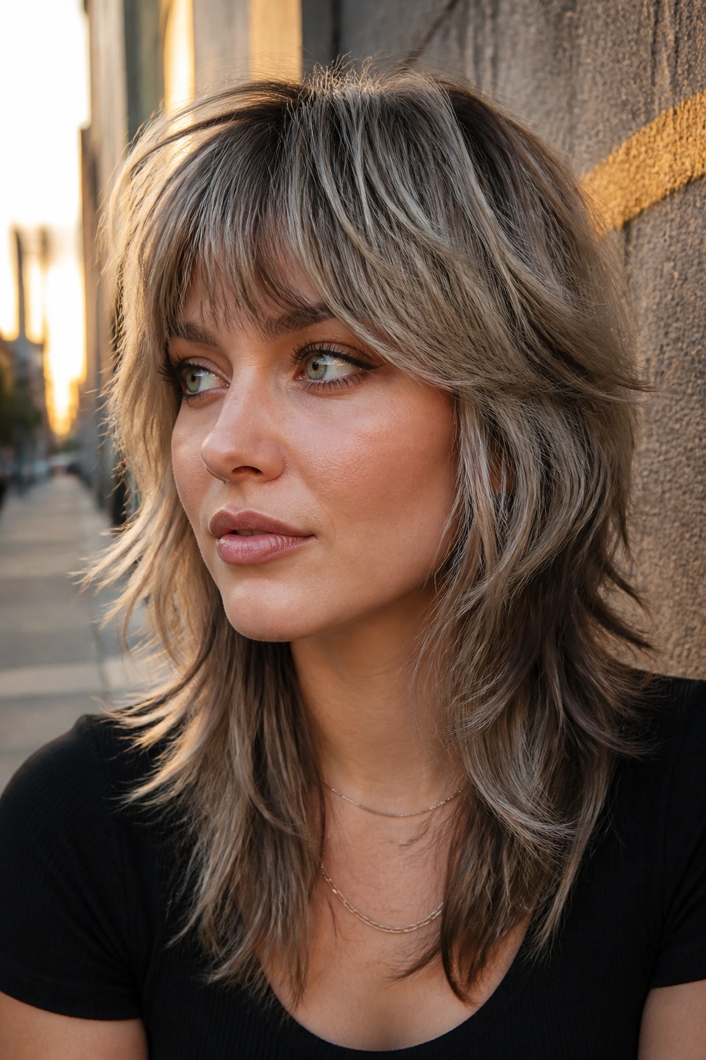 Real woman with multi-tone ash blonde wolf cut against an urban wall.
