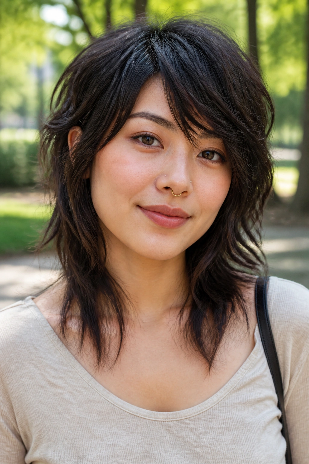 Real person with asymmetrical wolf cut outdoors in a sunlit park
