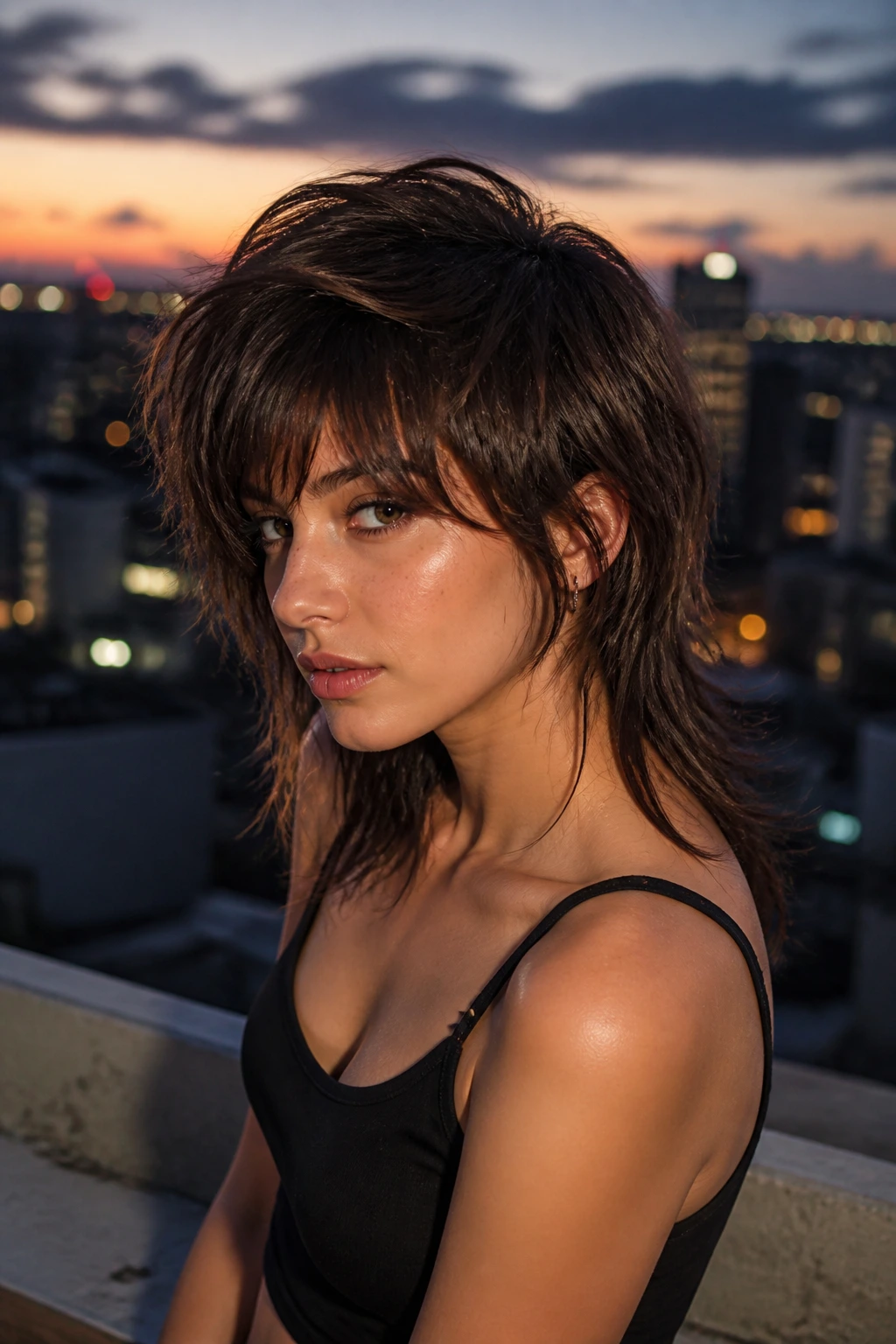 Portrait of a real woman with a textured wolf cut and asymmetry.