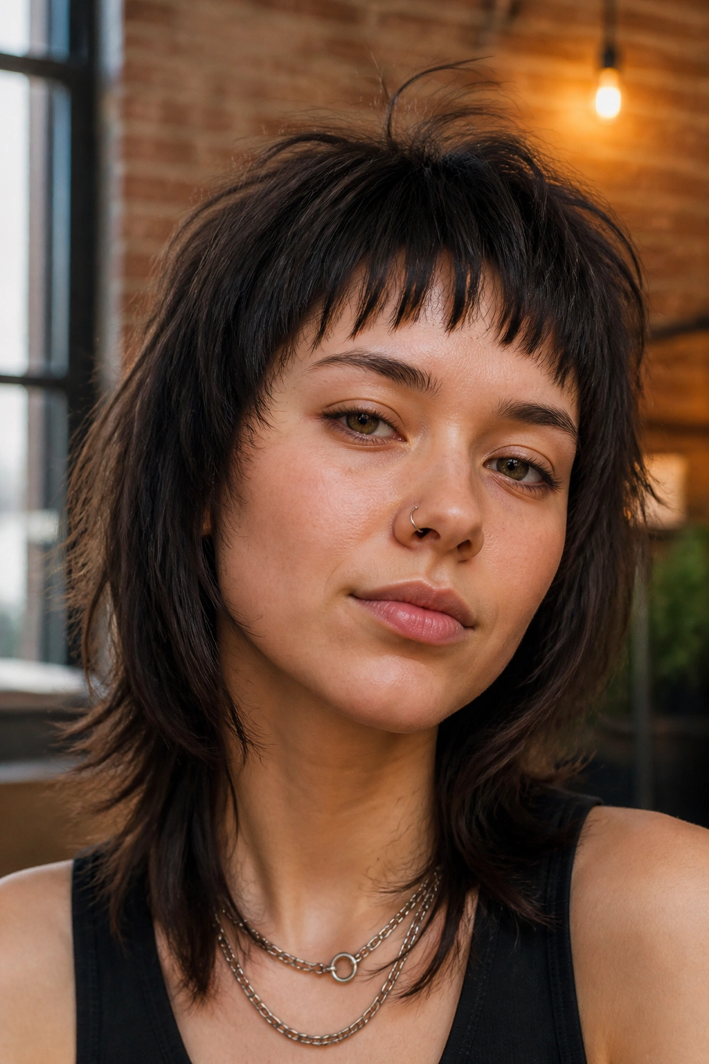 Close-up of a real person with wolf cut and choppy micro bangs
