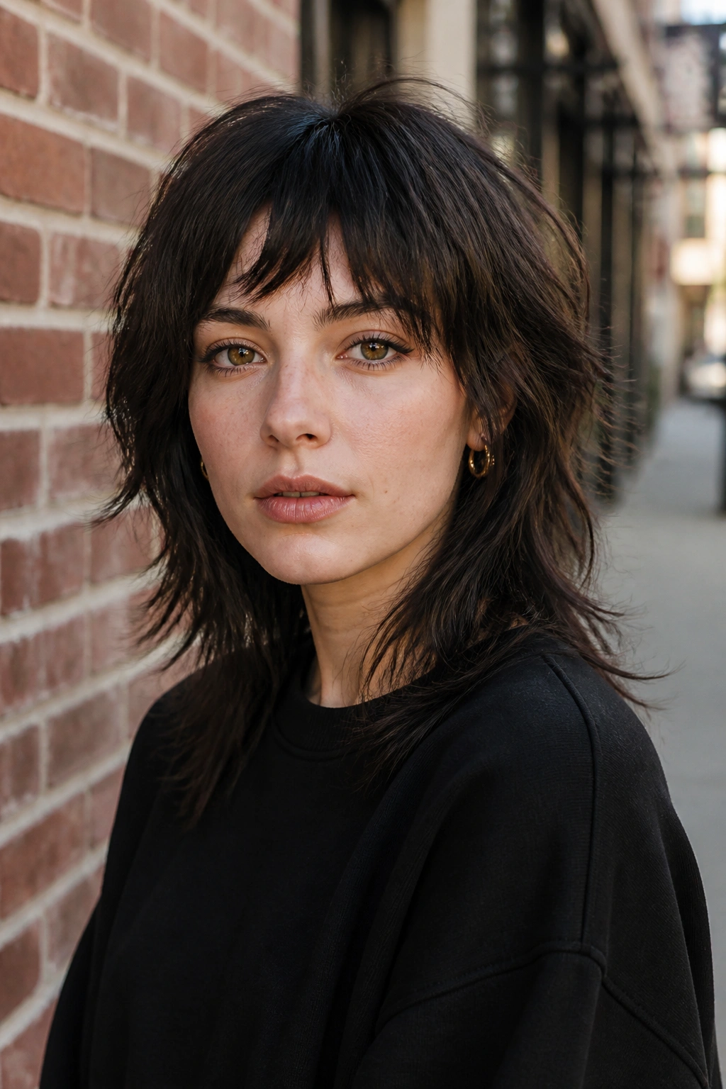 Close-up of a real person with wolf-cut bangs and choppy edge in urban light