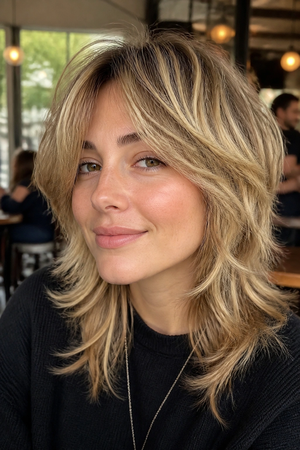 Portrait of a real woman with a soft wolf cut and buttery blonde highlights